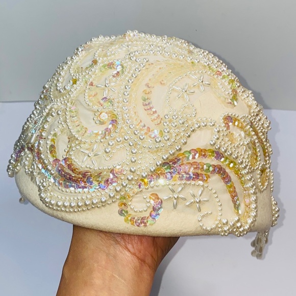 Vintage Bollman Hat Club Pearl And Sequin Applique Pillbox Millinery Hat - Picture 6 of 11